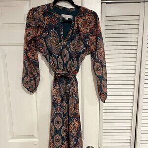 LOFT Petite Tapestry Ruffle V-neck Midi Dress Size XSP